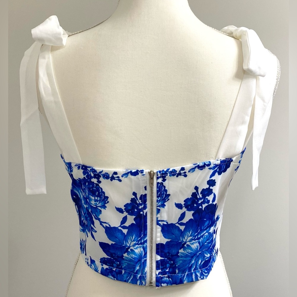Joress Womens M Blue White Floral Corset Crop Top Boho Y2K Fairy Cottagecore - Picture 4 of 14